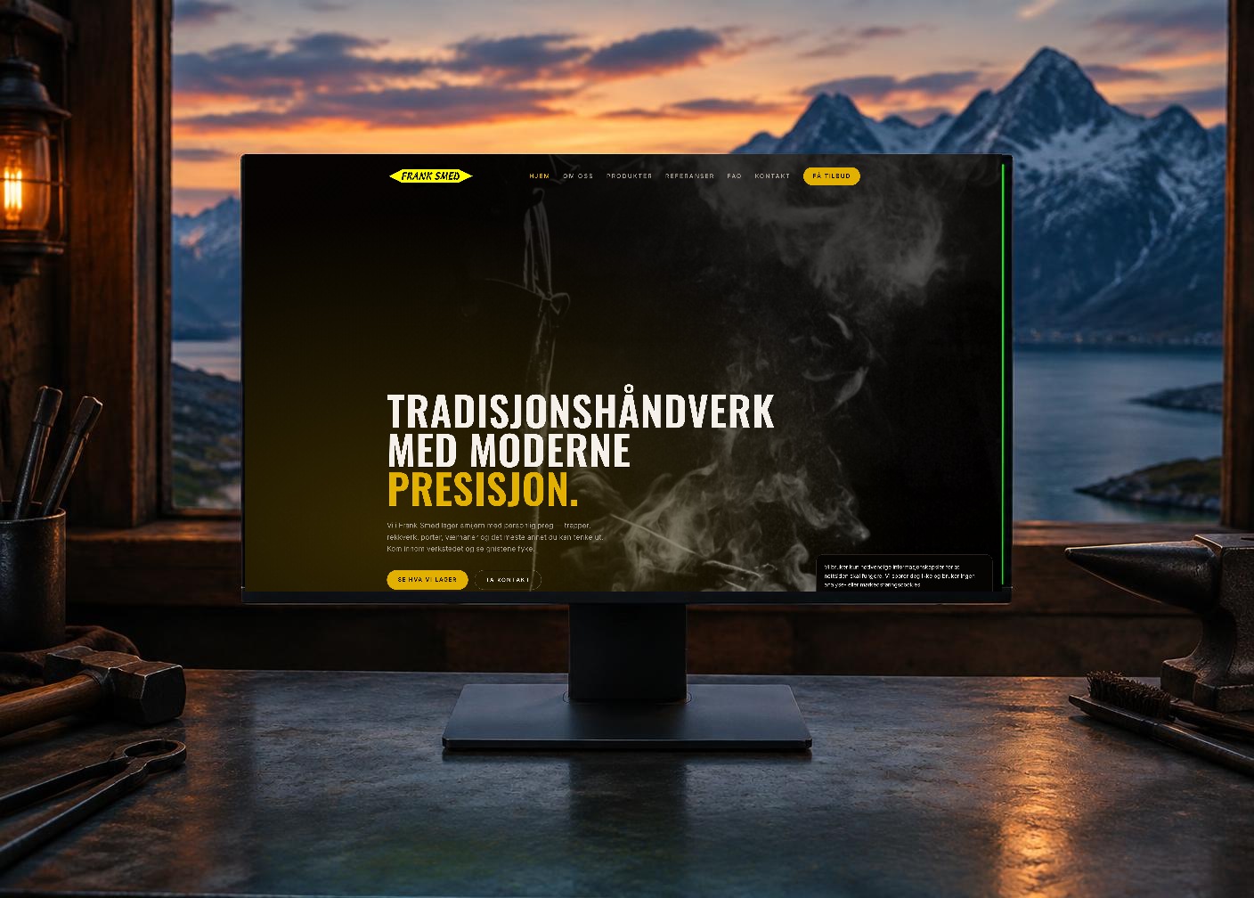 Hjemmesiden til Frank Smed vist på skjerm