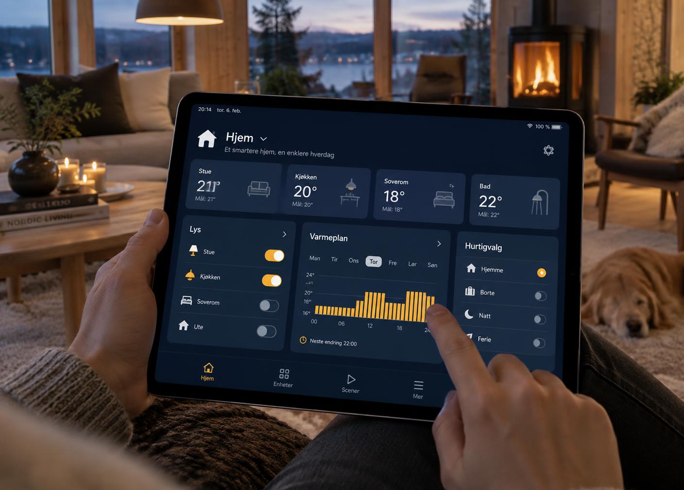 Smarthus-app med temperatur, lys og varmeplan