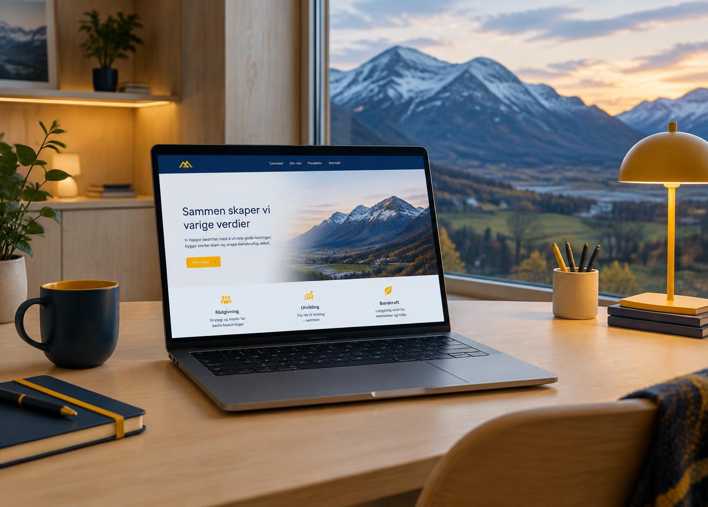 Nettside vist på en laptop med fjellutsikt